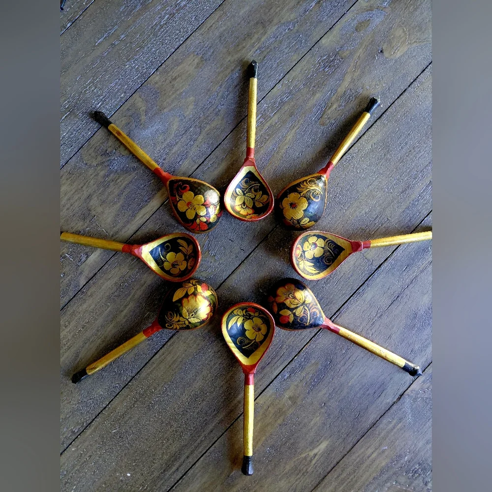 Handcrafted Floral Wooden Spoons (8) - 1950's Vintage In Gold and Black Colors